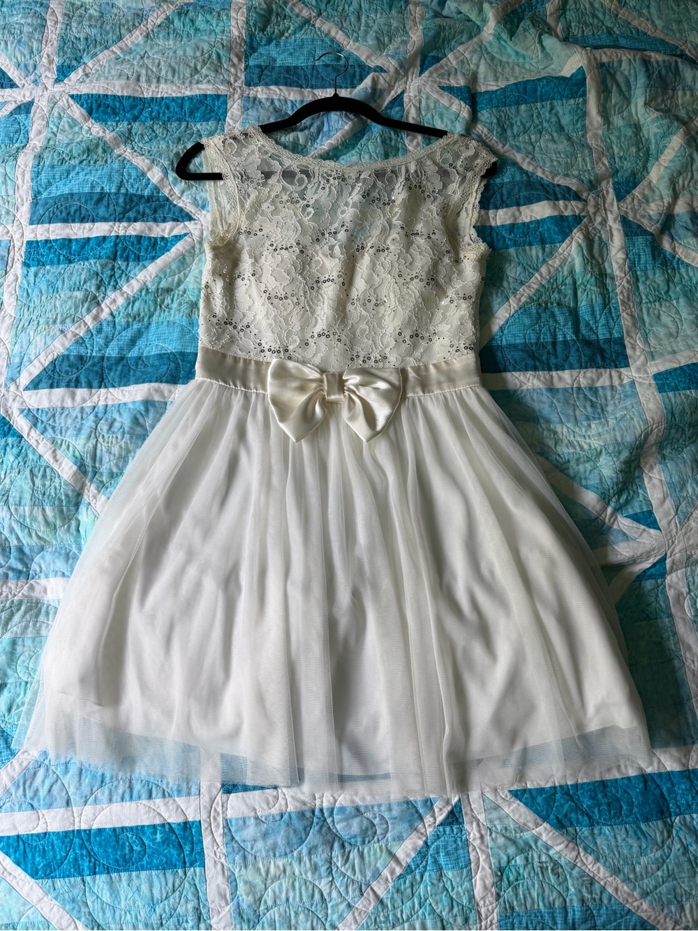 B Darlin Ivory Lace Bodice Tulle Dress with Satin Bow